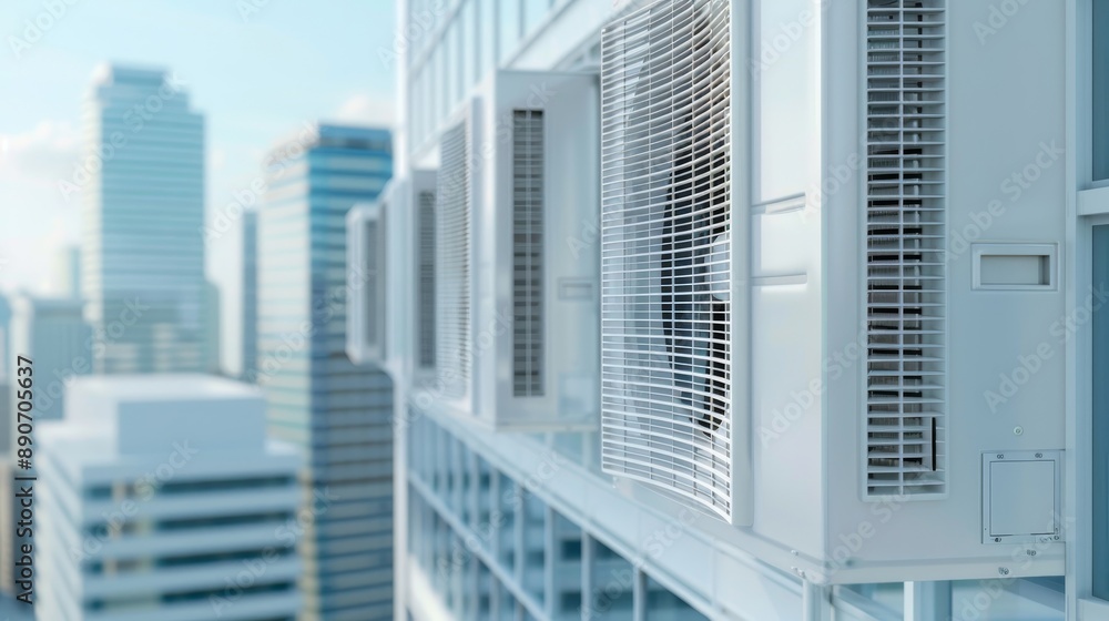 Four white air conditioners are on display in a room Four white air conditioners are on display in a room