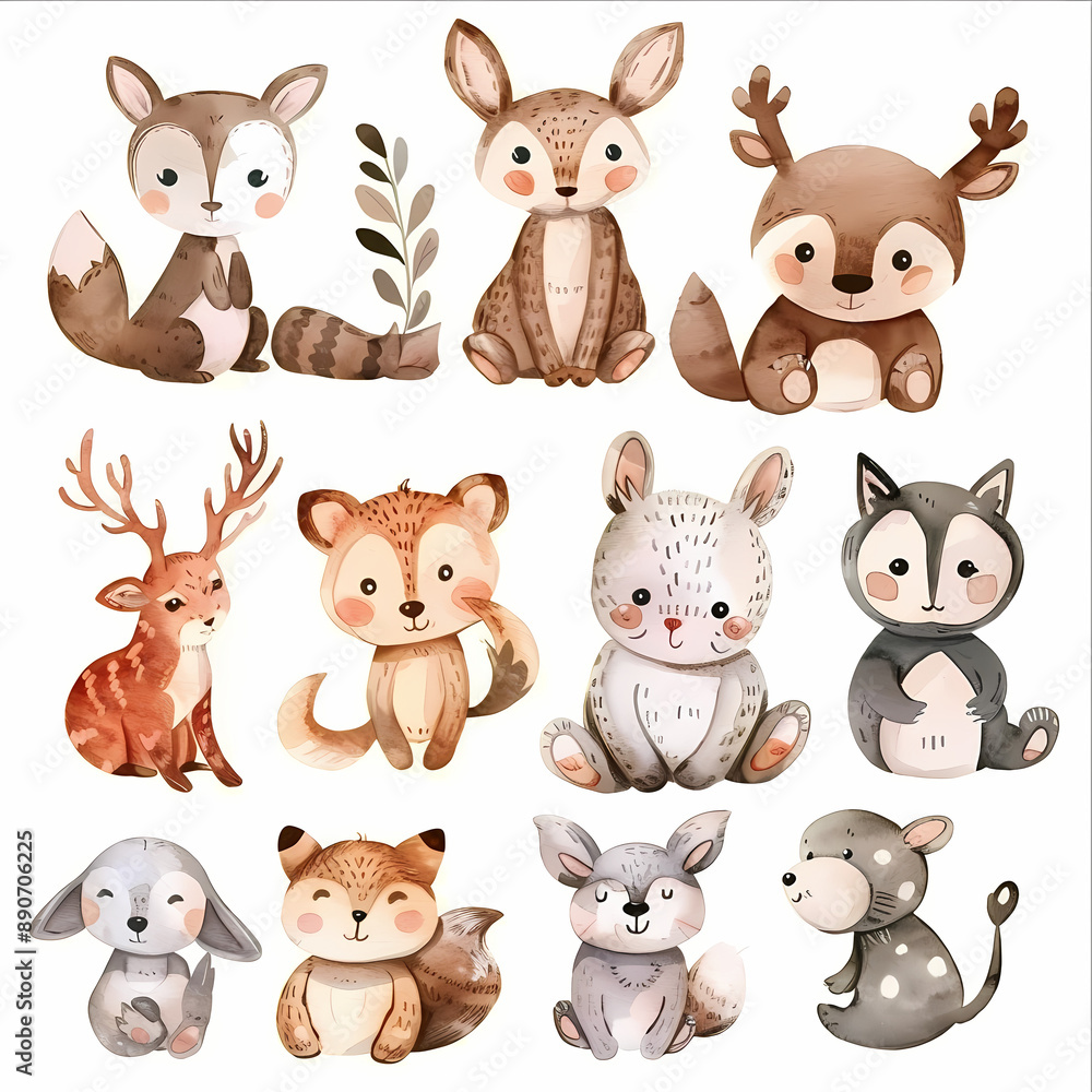 Obraz premium Watercolor Icon Set of Cute Animals: Doodle Forest Collection
