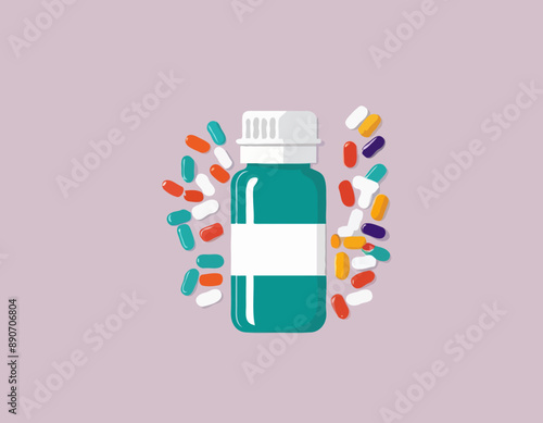 Pill bottle with various pills and capsules