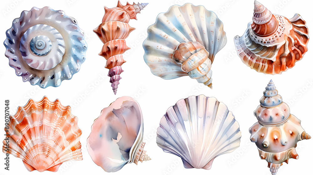 Artistic sticker sheet with watercolor variations of different shells, adding a touch of elegance to coastal and nature-inspired projects. Artistic sticker sheet with watercolor variations of different shells, adding a touch of elegance to coastal and nature-inspired projects.