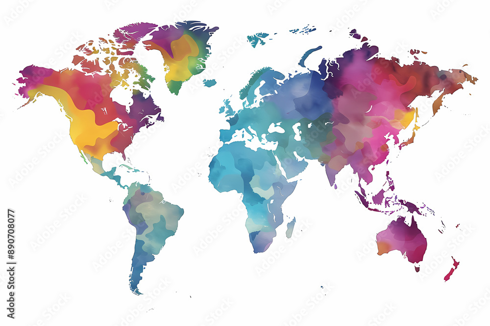 Fototapeta premium World atlas in watercolour made from purples, blues, yellows greens and oranges