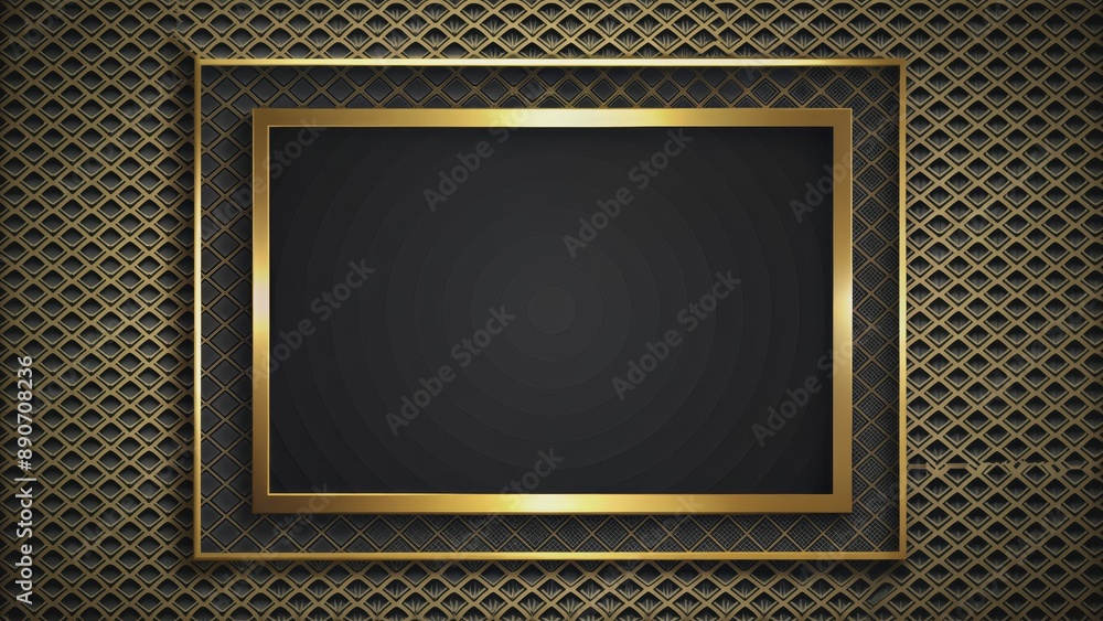 Fototapeta premium Golden Frame on Black Diamond Pattern, Background, Luxury, Design, Abstract, Decorative
