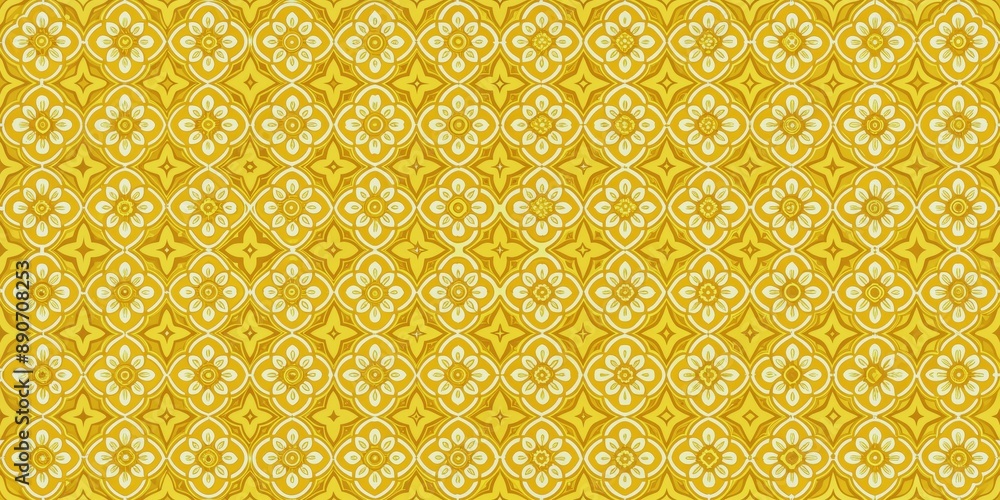 Golden Floral Tile Pattern, Yellow and White, Geometric, Traditional, Art Deco, Thai pattern, tile Golden Floral Tile Pattern, Yellow and White, Geometric, Traditional, Art Deco, Thai pattern, tile