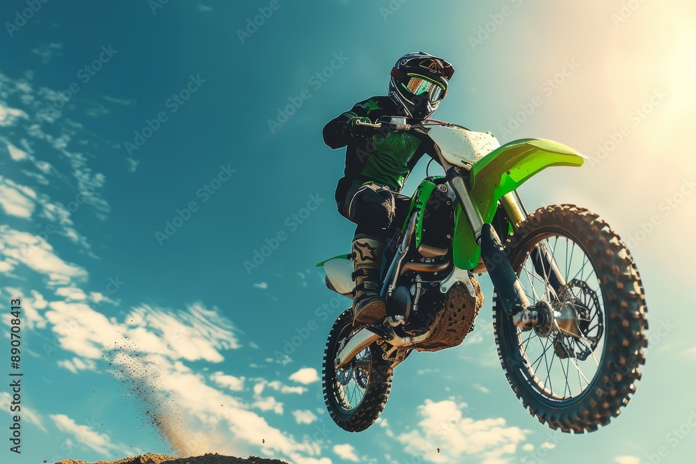 Motocross Rider Soaring High Mid-Air During Intense Motocross Competition Against a Vibrant Blue Sky Motocross Rider Soaring High Mid-Air During Intense Motocross Competition Against a Vibrant Blue Sky