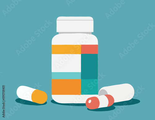 Pill bottle with various pills and capsules