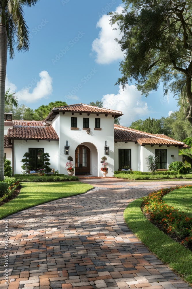 Elegant spanish style home with monochrome palette and rich brown details, featuring paver driveway Elegant spanish style home with monochrome palette and rich brown details, featuring paver driveway