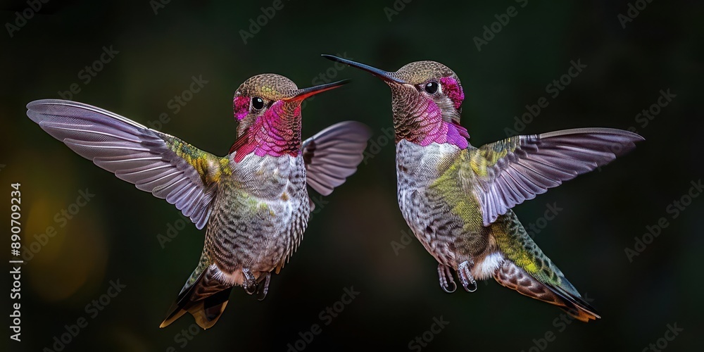 Fototapeta premium Two vibrant hummingbirds with colorful plumage are seen in mid-flight against a dark background, showcasing their delicate beauty.