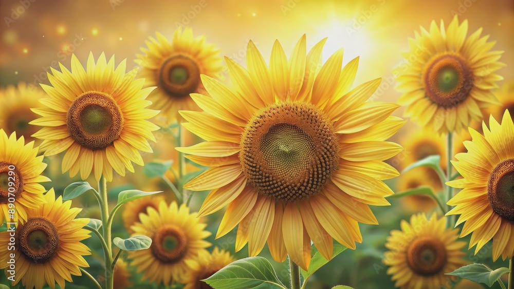 Fototapeta premium Golden Sunflower Field at Sunset, Digital Art, Sunflower, Nature, Summer