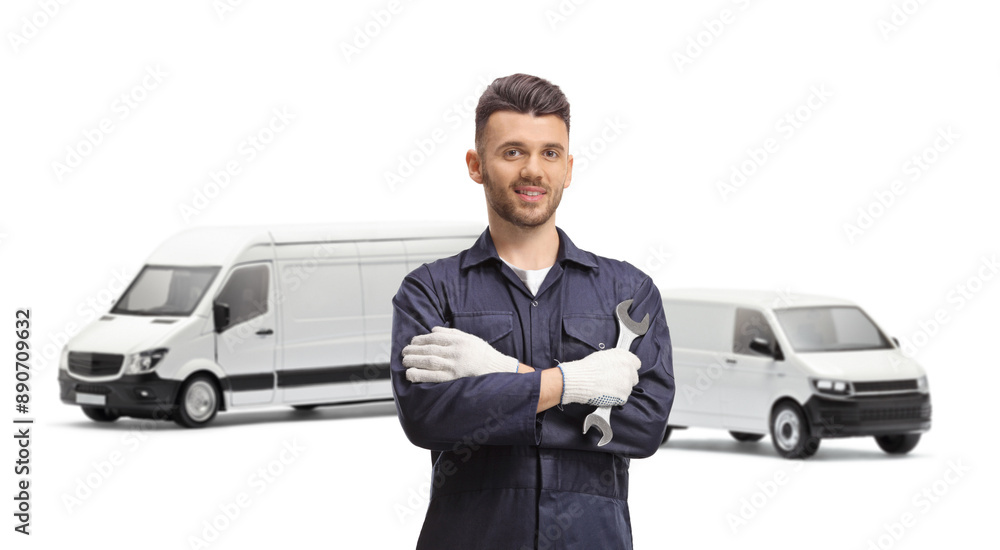 Auto mechanic holding a wrench and posing in front of vans Auto mechanic holding a wrench and posing in front of vans