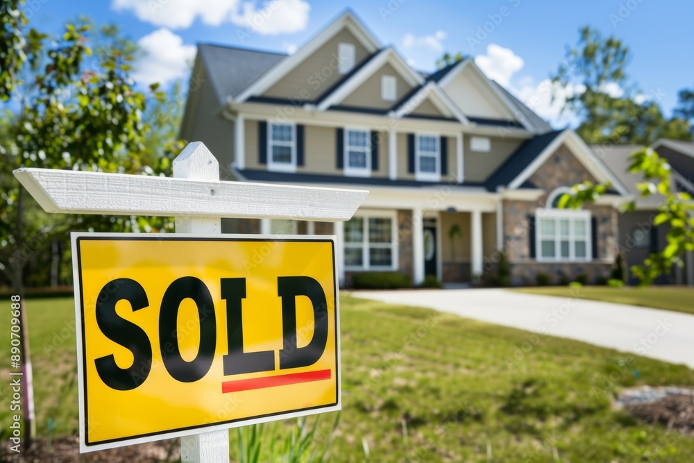 Sold Sign in Front of Beautiful House Signifying Successful Home Purchase Amid Greenery Sold Sign in Front of Beautiful House Signifying Successful Home Purchase Amid Greenery