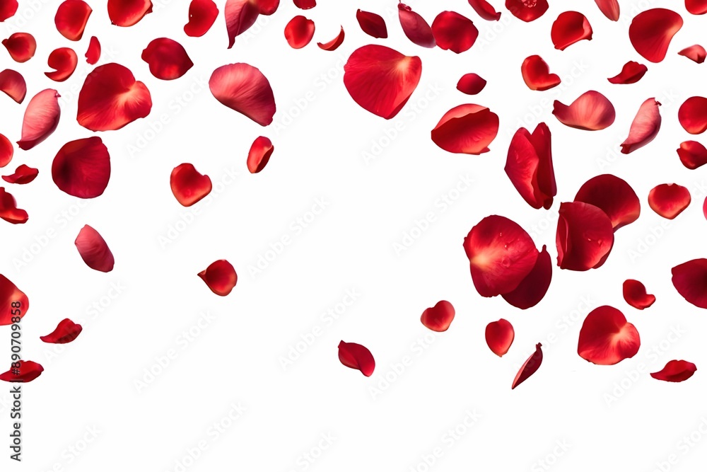 Falling red rose petals on a white background. A romantic vector illustration for wedding invitations and love celebrations Falling red rose petals on a white background. A romantic vector illustration for wedding invitations and love celebrations
