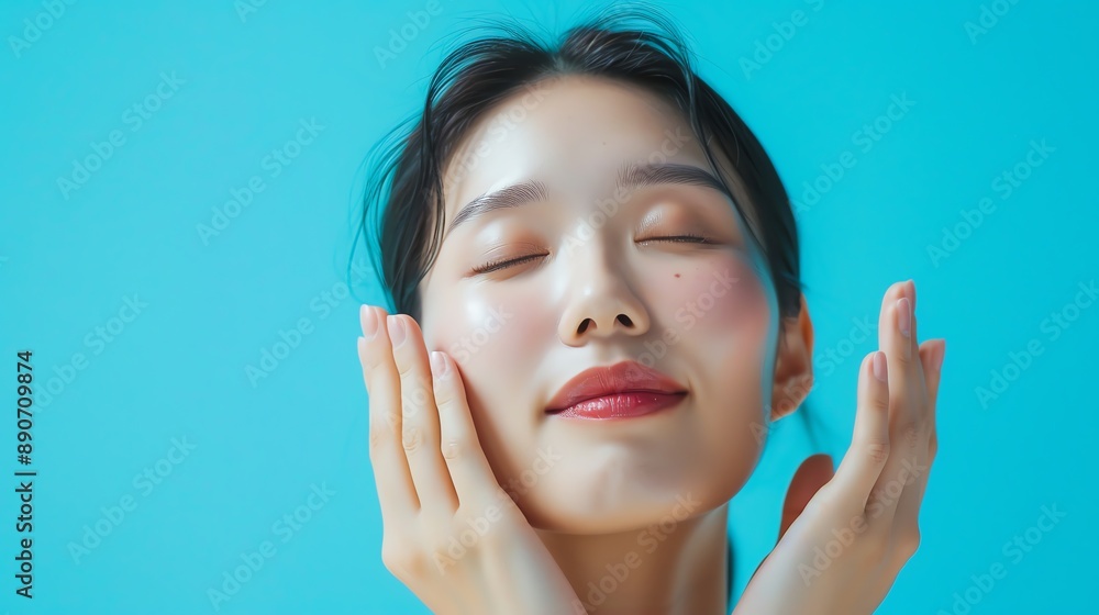 A serene woman with her eyes closed, gently touching her cheeks, smiling softly against a blue background. A serene woman with her eyes closed, gently touching her cheeks, smiling softly against a blue background.