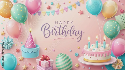 Happy Birthday Festive Party Background with Balloons, Cake, and Gifts, birthday , party , celebration , background