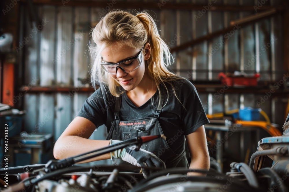 Female Mechanic Working on Car Engine. Female Mechanic Working on Car Engine.