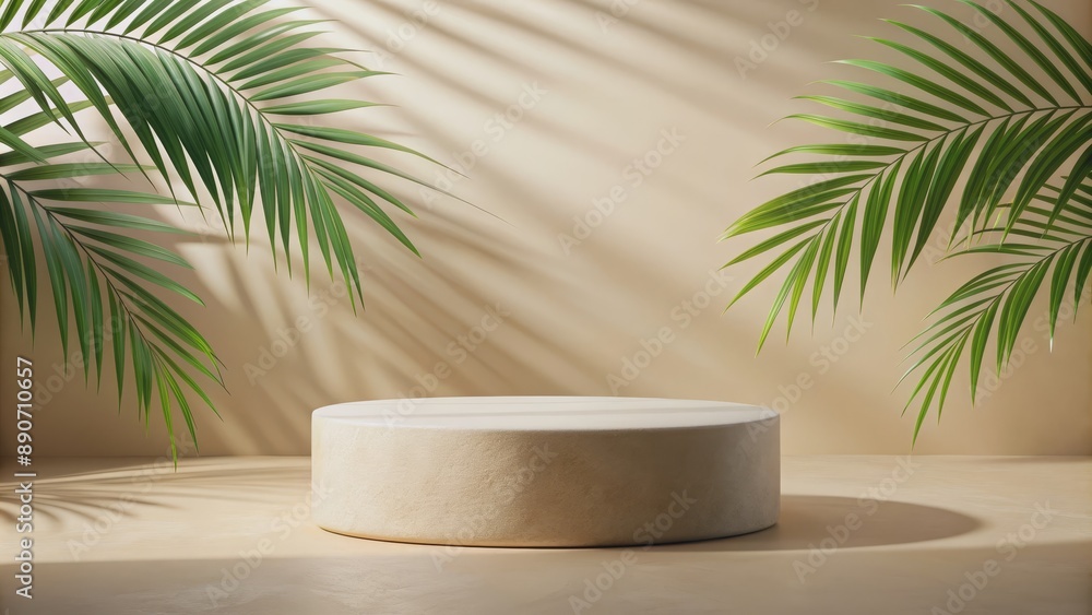 Minimalist Beige Platform with Palm Leaves, 3D Render, Product Display, Mockup, Minimalism, Beige Background, Product Photography Minimalist Beige Platform with Palm Leaves, 3D Render, Product Display, Mockup, Minimalism, Beige Background, Product Photography