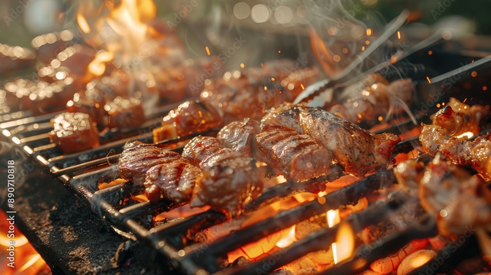 Delicious BBQ Variety Sizzling on Grill over Glowing Charcoal - Perfect for Summer Cookout Themes Delicious BBQ Variety Sizzling on Grill over Glowing Charcoal - Perfect for Summer Cookout Themes