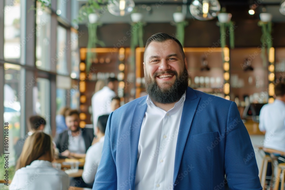 A plus size businessman in a blue suit smiling in a modern restaurant. A plus size businessman in a blue suit smiling in a modern restaurant.