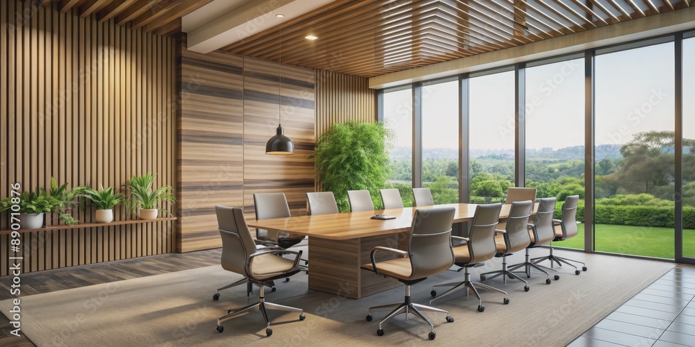 Modern Conference Room with Wooden Ceiling and Green View, Interior Design, Office Interior, Contemporary Style, Meeting Room Modern Conference Room with Wooden Ceiling and Green View, Interior Design, Office Interior, Contemporary Style, Meeting Room