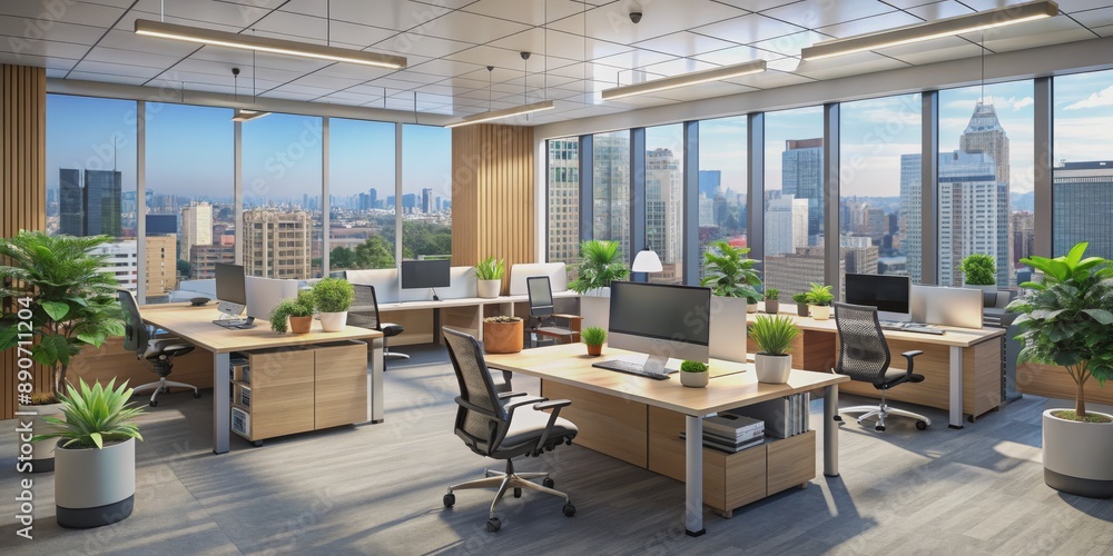 Modern Office Interior Design with Cityscape View, 3D Rendering, City Office, Workspace, Modern Design, office design Modern Office Interior Design with Cityscape View, 3D Rendering, City Office, Workspace, Modern Design, office design