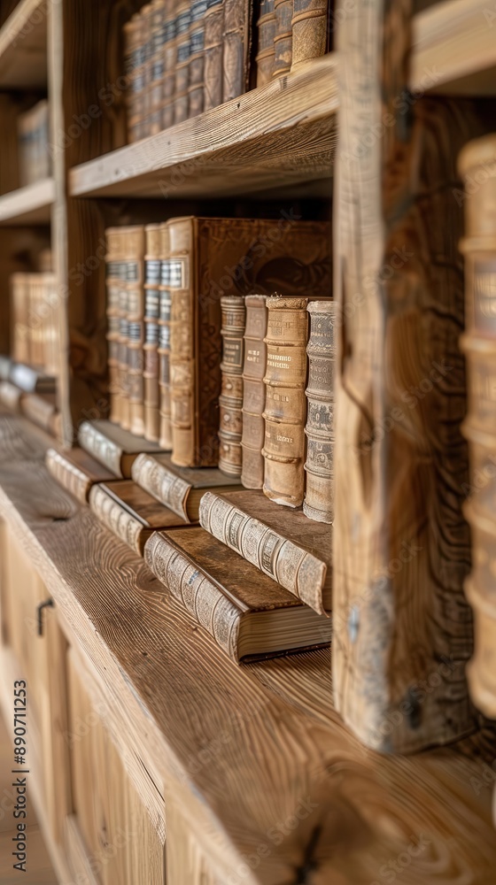 A wooden bookshelf in a library with antique books. A wooden bookshelf in a library with antique books.