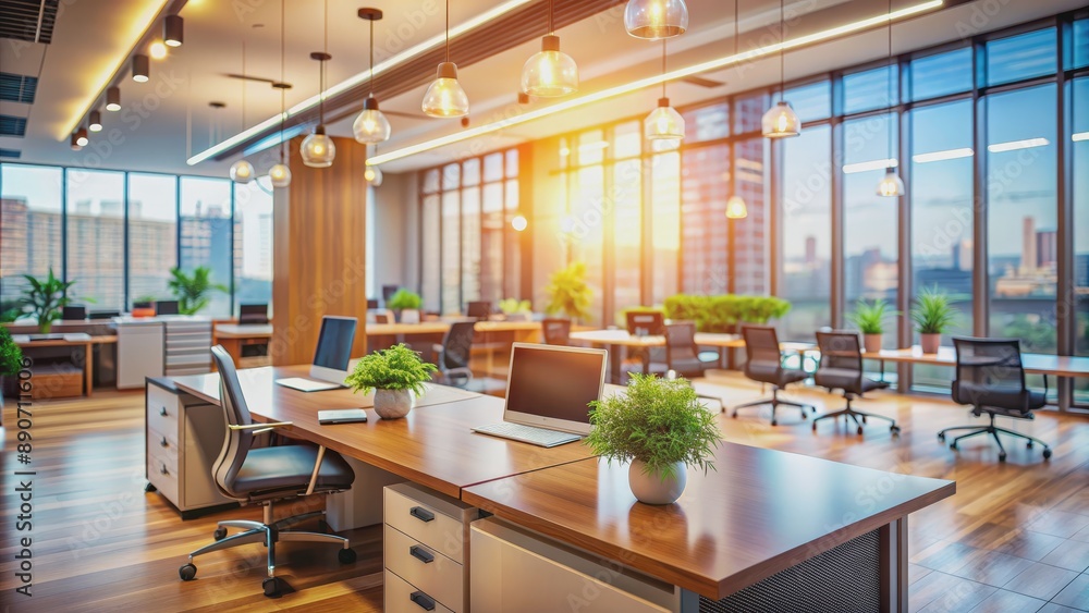 Fototapeta premium Modern Office Workspace with Sunlight and City Views, Office, Workspace, Design, Modern