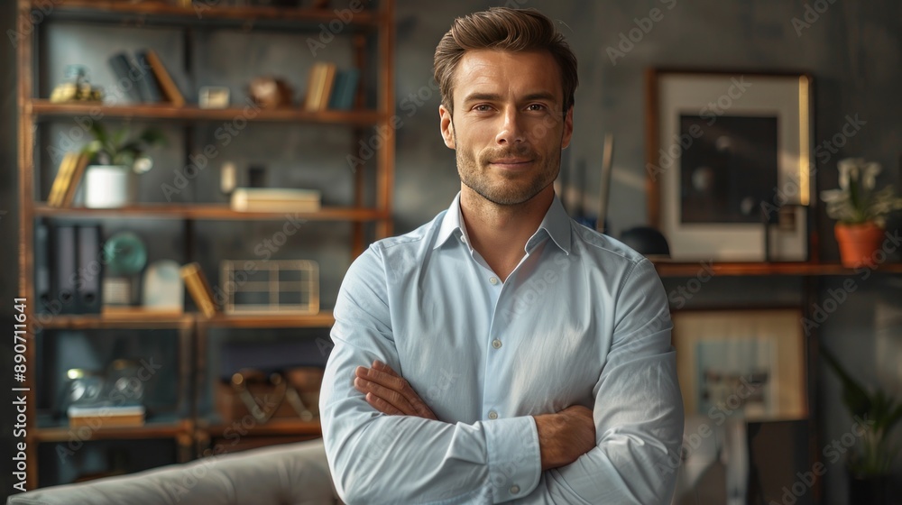 Fototapeta premium Businessman standing confidently, arms crossed, professional office, shelves, modern decor.