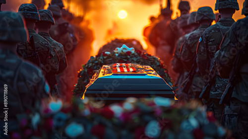 A flag-draped casket borne by a military honor guard amidst a memorial service with a blurred background offering copy space