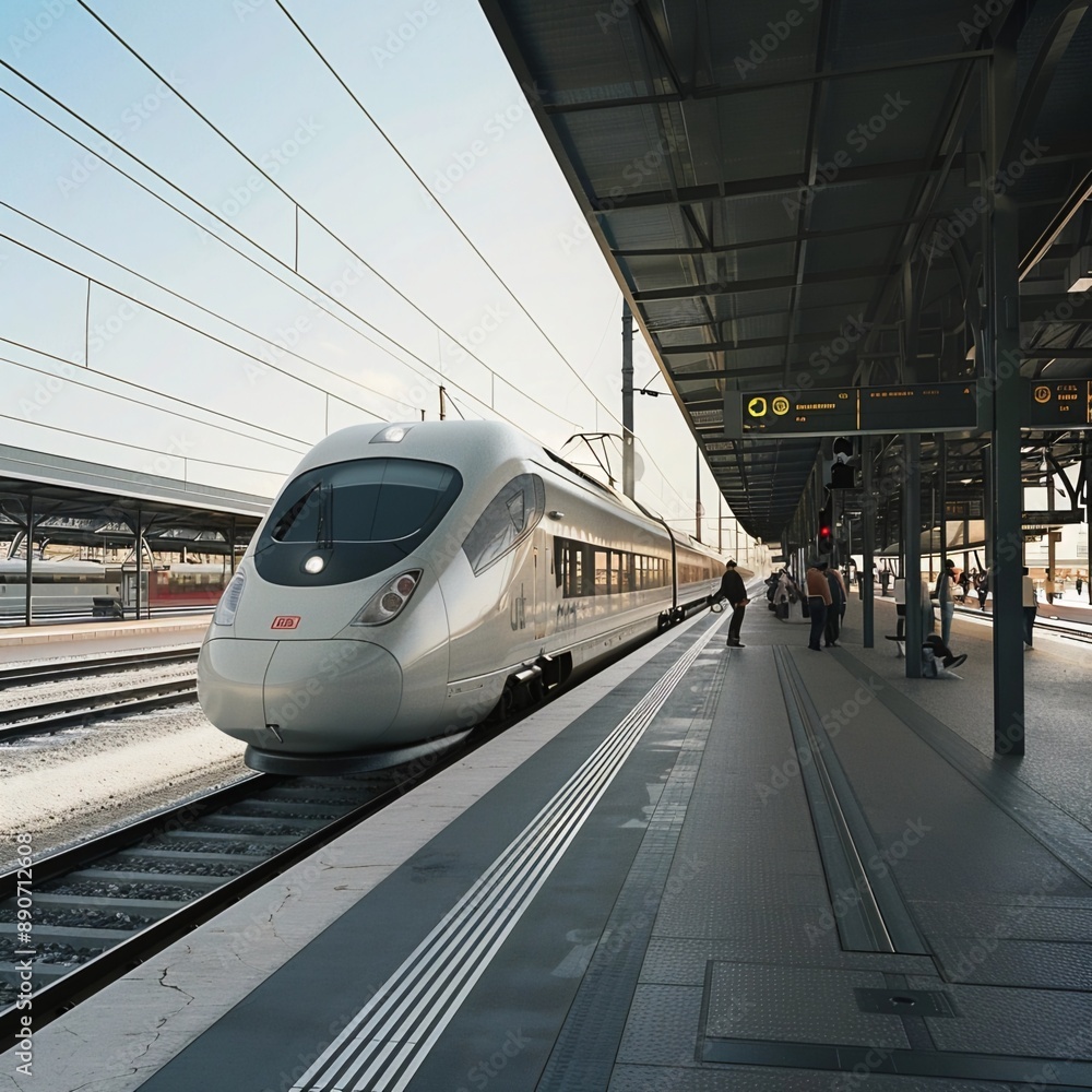 Fototapeta premium A modern train station at sunrise. A white high-speed train stands at the platform. The station is decorated with curved metal beams and glass, and signs point to technological progress.