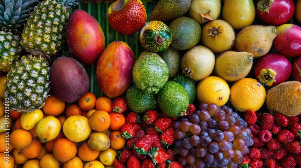 A colorful display of exotic fruits in a market stall A colorful display of exotic fruits in a market stall