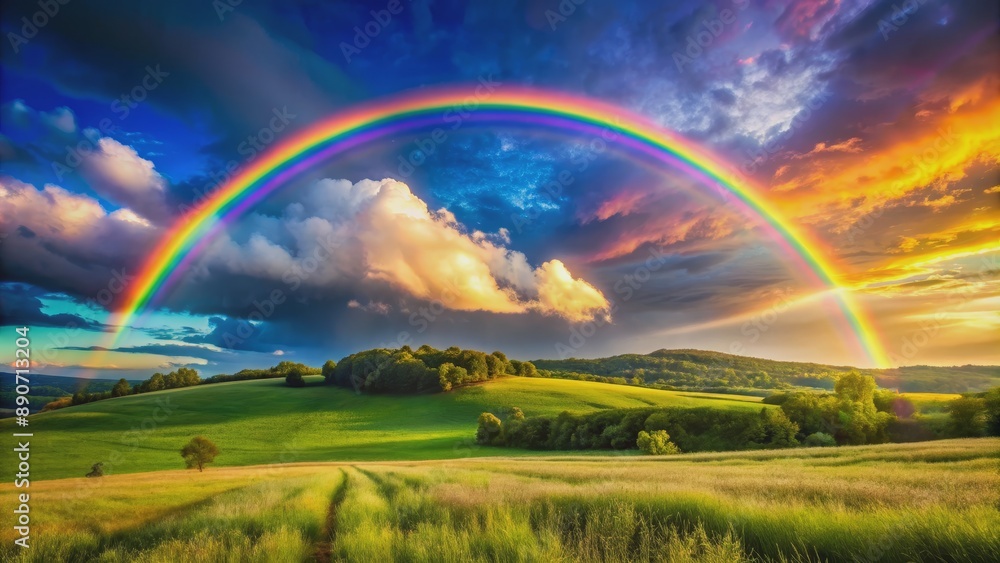 Naklejka premium Rainbow Over Rolling Hills at Sunset, landscape, nature, photography, rainbow