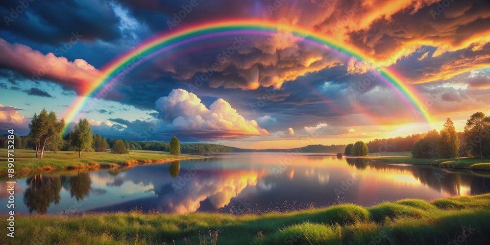 Rainbow Over a Serene Lake, Digital Art, Colorful Clouds, Water Reflection, Nature Scene, rainbow, landscape Rainbow Over a Serene Lake, Digital Art, Colorful Clouds, Water Reflection, Nature Scene, rainbow, landscape