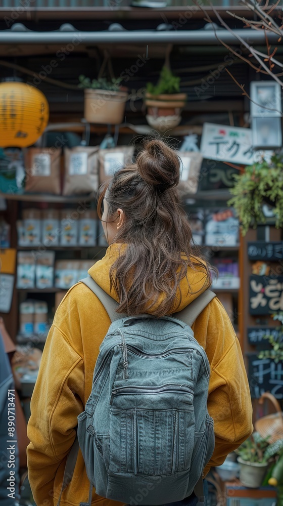 A woman with a backpack standing outside a market. A woman with a backpack standing outside a market.
