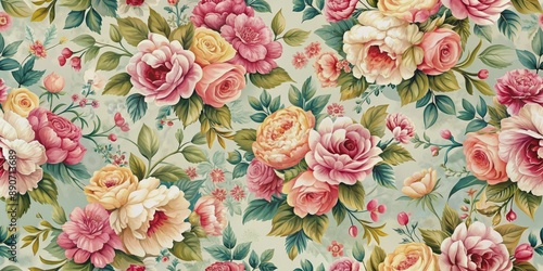 Romantic Floral Watercolor Pattern, Roses, Pink, Green, Yellow, Floral Print, Wallpaper