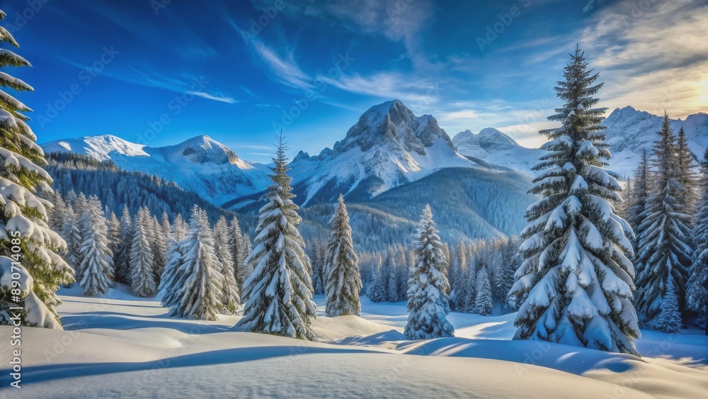 Obraz premium Snow-Covered Pines in a Winter Wonderland, Mountains, Snow, Forest, Blue Sky