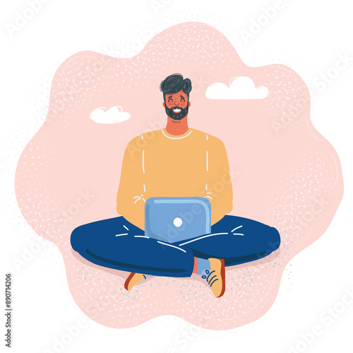 Cartoon vector illustration of cross-legged man working on laptop at home. Freelance on dark background.