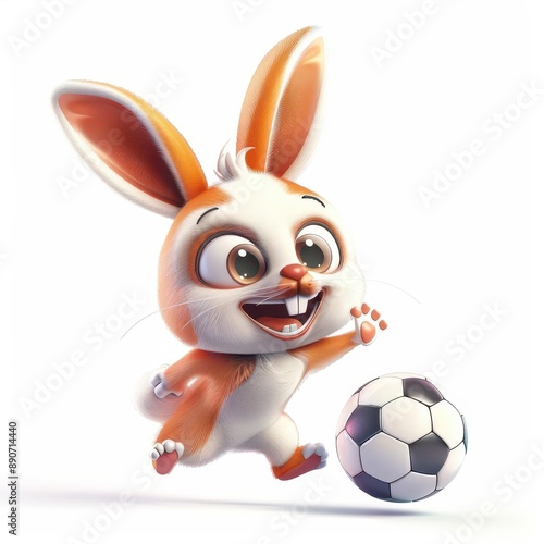 The Clipart of A cheerful 3D kawaii rabbit playing soccer on a white background, with a joyful expression, hopping around the soccer ball photo