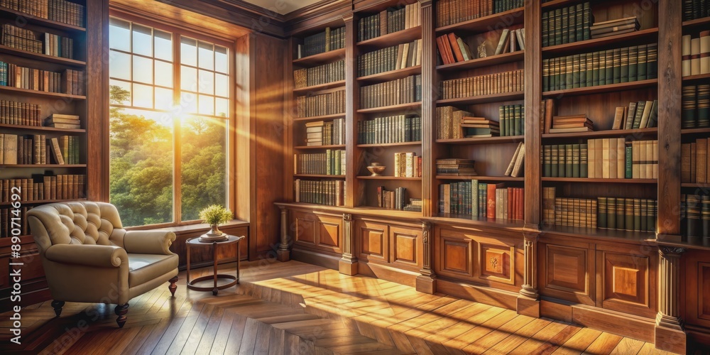 Fototapeta premium Sunlight Streaming Through a Window in a Luxurious Library, Bookshelf, Sunbeams, Reading Nook, Armchair, library, bookshelf