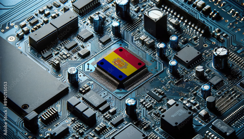 An intricate microchip with the Andorra flag embedded, representing the innovation and technological advancements of the Andorra in the field of electronics and microtechnology An intricate microchip with the Andorra flag embedded, representing the innovation and technological advancements of the Andorra in the field of electronics and microtechnology