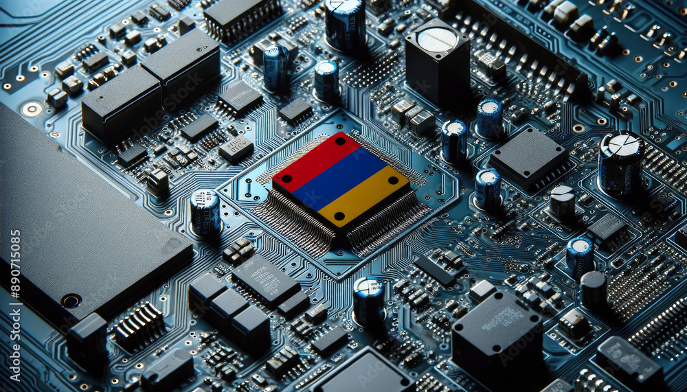 An intricate microchip with the Armenia flag embedded, representing the innovation and technological advancements of the Armenia in the field of electronics and microtechnology An intricate microchip with the Armenia flag embedded, representing the innovation and technological advancements of the Armenia in the field of electronics and microtechnology