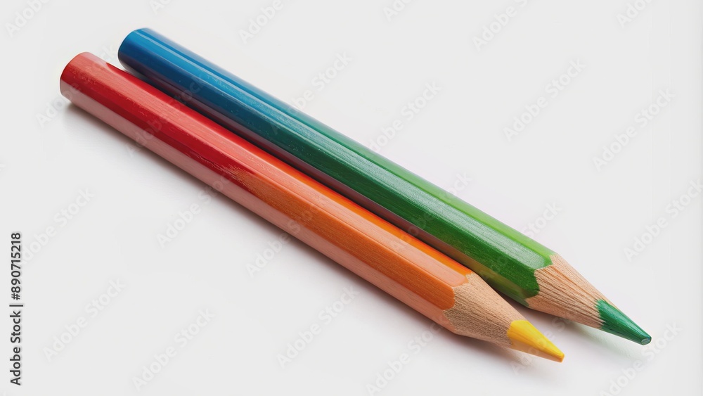 Two Colorful Pencils Lying on a White Surface, Red, Yellow, Orange, Green, Blue , pencils Two Colorful Pencils Lying on a White Surface, Red, Yellow, Orange, Green, Blue , pencils