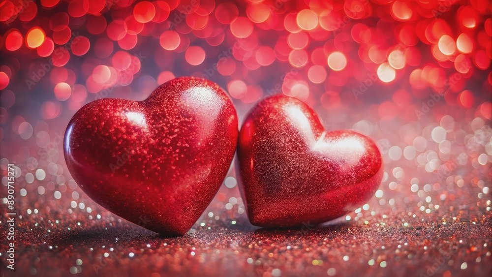 Obraz premium Two Red Glitter Hearts on Sparkling Background, Love, Valentine's Day, Romance, Hearts