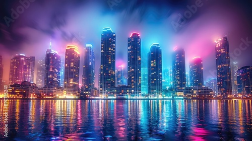 Skyscrapers illuminated by colorful lights under a dark sky