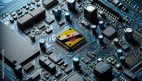 An intricate microchip with the Brunei flag embedded, representing the innovation and technological advancements of the Brunei in the field of electronics and microtechnology
