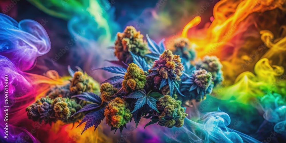 Vibrant Macro of Cannabis Buds Surrounded by Colorful Smoke in Studio Lighting Vibrant Macro of Cannabis Buds Surrounded by Colorful Smoke in Studio Lighting
