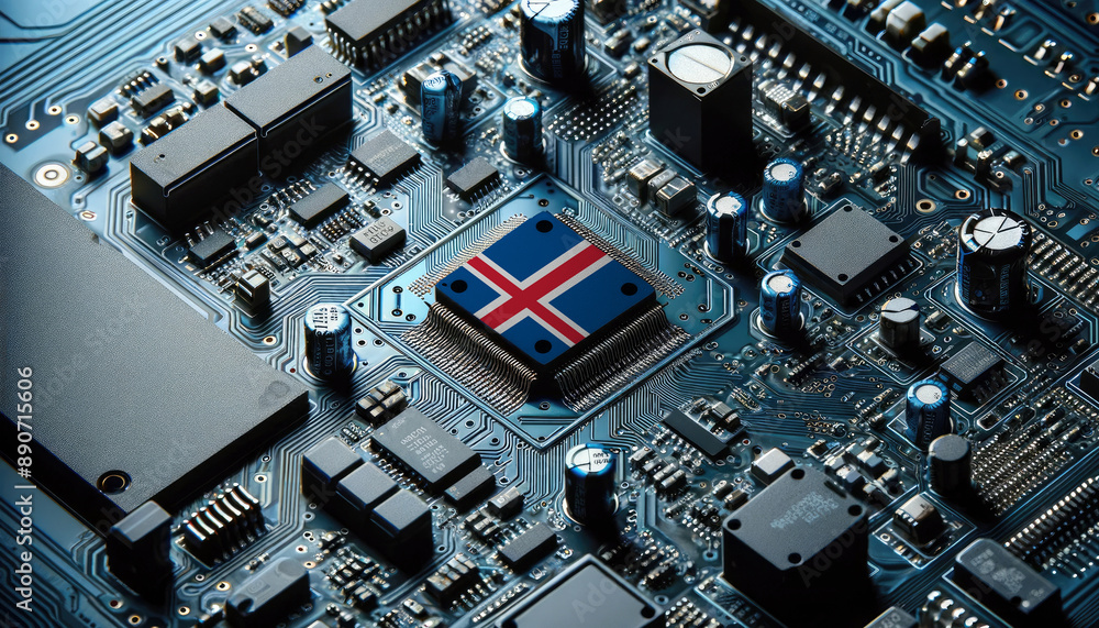 An intricate microchip with the Iceland flag embedded, representing the innovation and technological advancements of the Iceland in the field of electronics and microtechnology An intricate microchip with the Iceland flag embedded, representing the innovation and technological advancements of the Iceland in the field of electronics and microtechnology