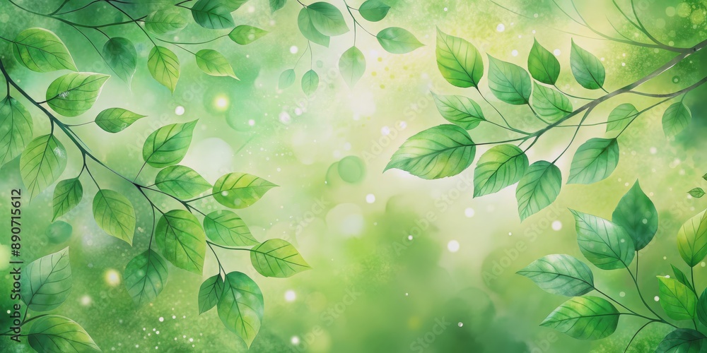 Watercolor Green Leaves with Bokeh Lights, Nature, Spring, Green, Bokeh Watercolor Green Leaves with Bokeh Lights, Nature, Spring, Green, Bokeh
