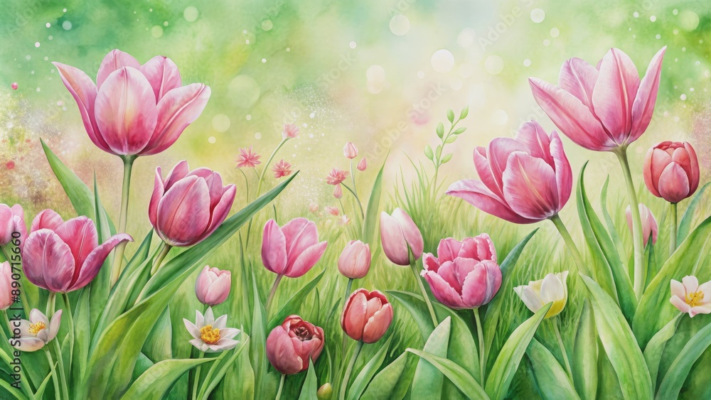 Watercolor Painting of Pink Tulips in a Green Field, Watercolor, Flower, Spring, Garden Watercolor Painting of Pink Tulips in a Green Field, Watercolor, Flower, Spring, Garden