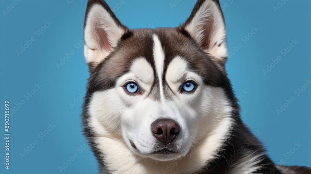 A husky dog with striking blue eyes against a blue background. A husky dog with striking blue eyes against a blue background.