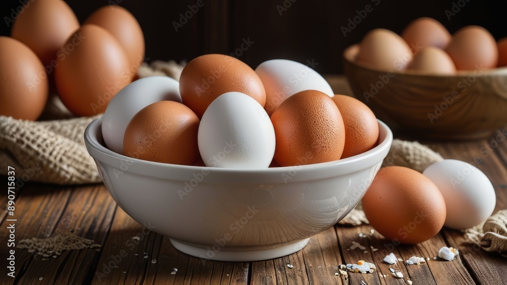 A beautifully detailed photograph featuring a bowl full of fresh brown and white eggs placed on a rustic wooden table, evoking a cozy and natural ambiance. A beautifully detailed photograph featuring a bowl full of fresh brown and white eggs placed on a rustic wooden table, evoking a cozy and natural ambiance.