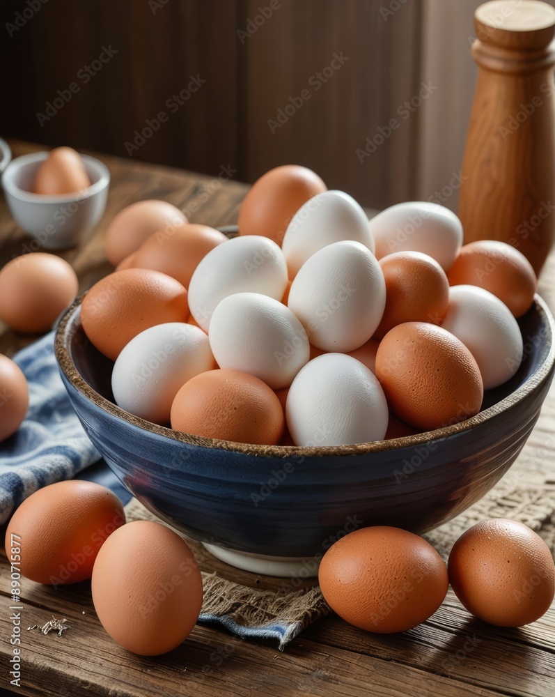 A beautifully detailed photograph featuring a bowl full of fresh brown and white eggs placed on a rustic wooden table, evoking a cozy and natural ambiance. A beautifully detailed photograph featuring a bowl full of fresh brown and white eggs placed on a rustic wooden table, evoking a cozy and natural ambiance.